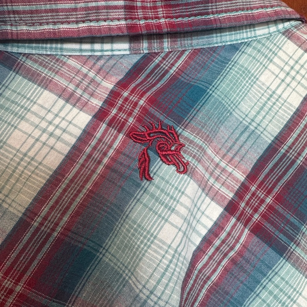 Southern Thread Button Up Pearl Snap Men’s Medium Red Blue Plaid Western Country - Picture 5 of 8